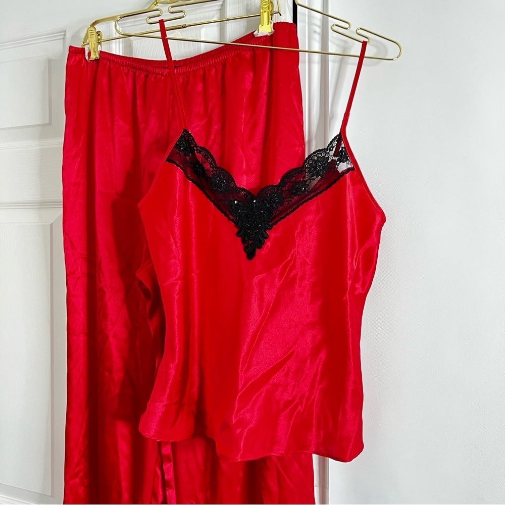 Private Luxuries Pajama Set Size Medium Vintage Red Scarlet 100% Polyester Lace - Picture 2 of 12
